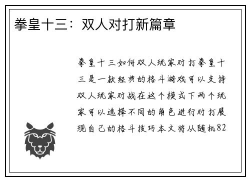 拳皇十三：双人对打新篇章